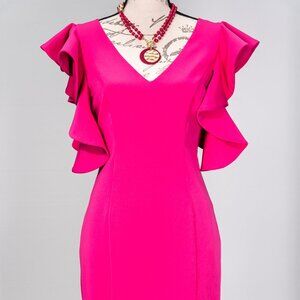 405-POSH COUTURE HOT PINK RUFFLE COLD SHOULDER DRESS